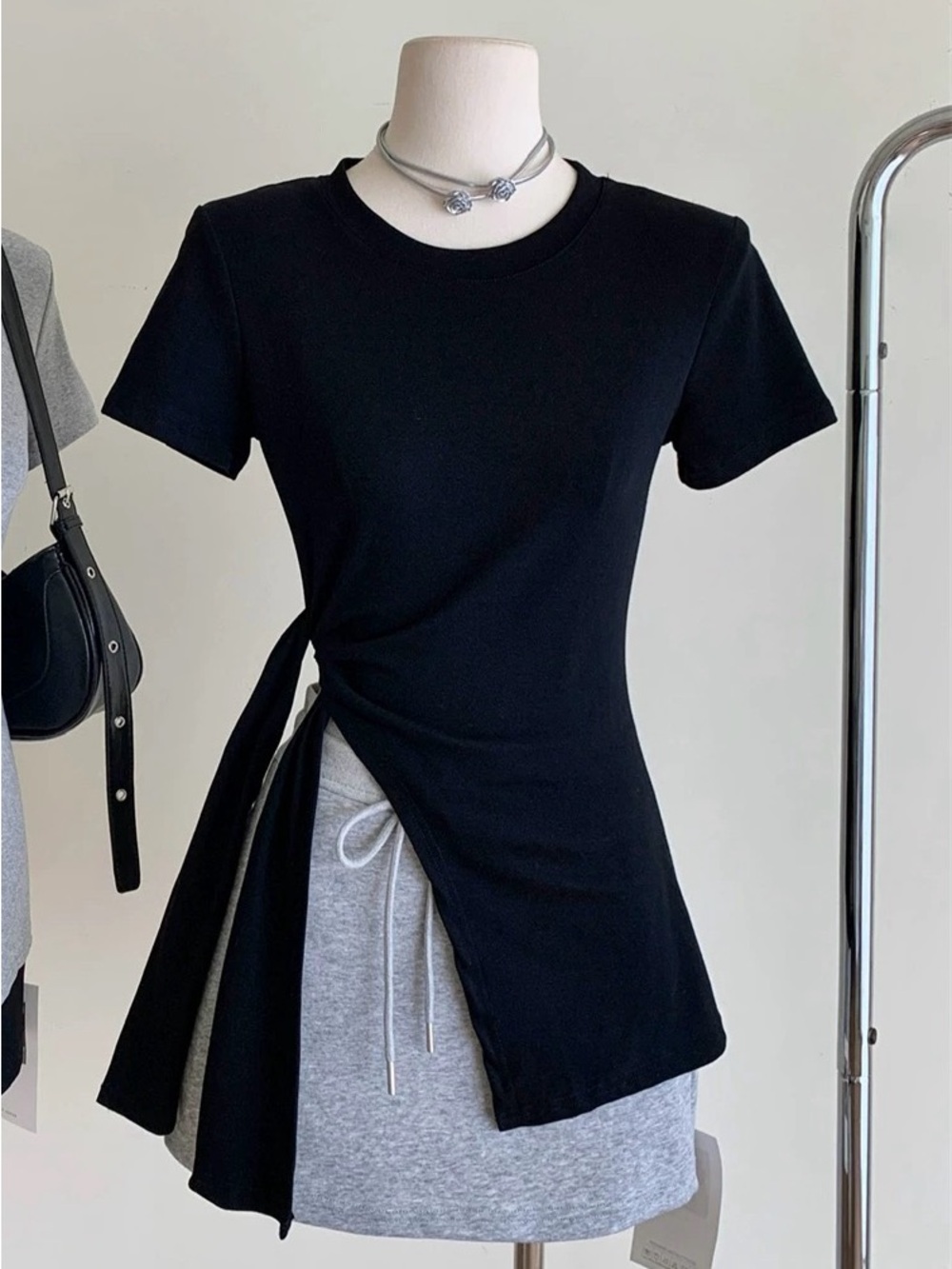 Asymmetric Side-Tie Tee Dress in Black and White